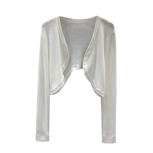 2023 spring and summer knitted sweater women's thin white short cardigan with sunscreen blouse long-sleeved shawl coat top