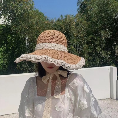 Non-real shot~2023 summer sun protection hat raffia sun hat women's pastoral style lace edge sun hat vacation straw hat