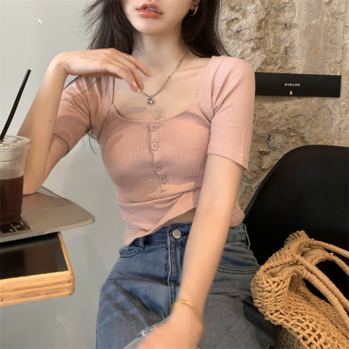 Official picture cotton rib 93% polyester 7% spandex pink T-shirt women's short tight sweet and spicy top