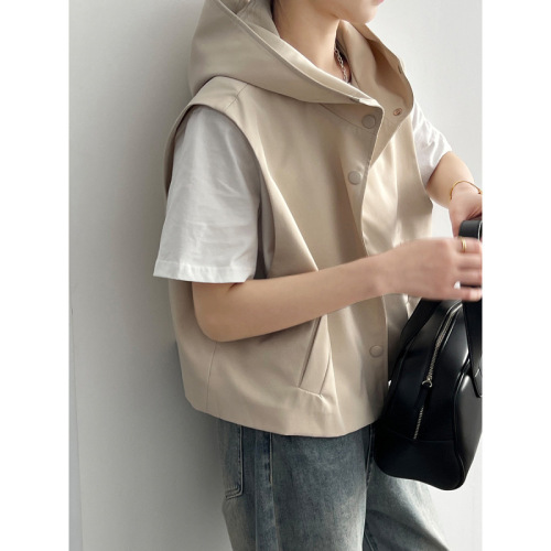 Real shot casual hooded vest female summer new loose sleeveless vest short top