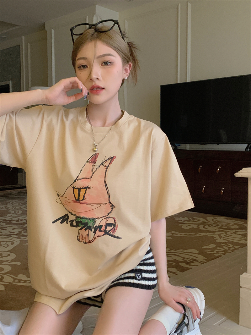 Real price pure cotton wrap collar 2023 summer new 200g loose large size pure cotton short-sleeved t-shirt for women