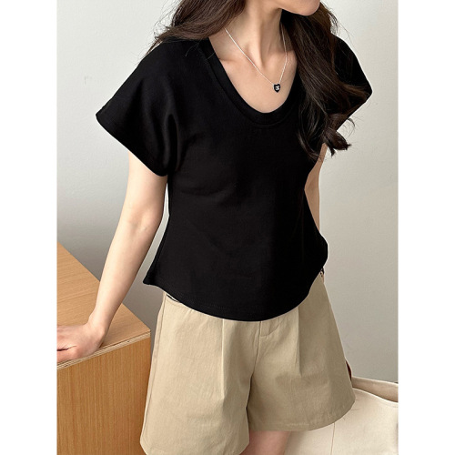 Real shot~ summer U-neck Korean style casual and gentle top French retro simple slim-fit sweet short-sleeved