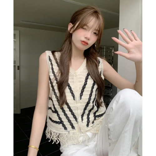 New chic chic unique v-neck fringe striped sleeveless knitwear women's summer thin section hollow out thin cardigan