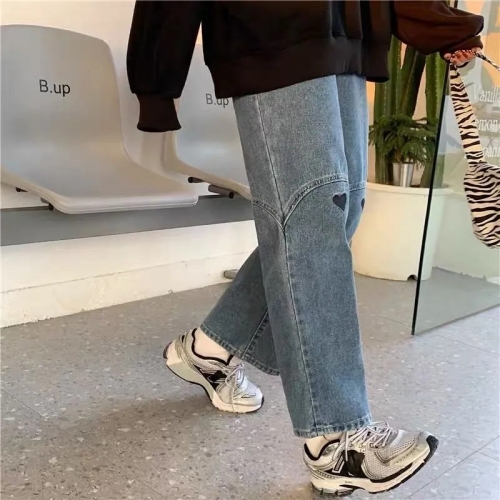 Large size fat mm embroidery love straight wide leg jeans women's new spring and autumn high waist loose thin all-match pants