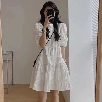 2023 new design sense niche pleats puff sleeves French dress women's summer small and thin short skirt