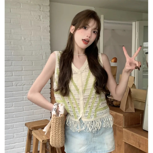 New chic chic unique v-neck fringe striped sleeveless knitwear women's summer thin section hollow out thin cardigan