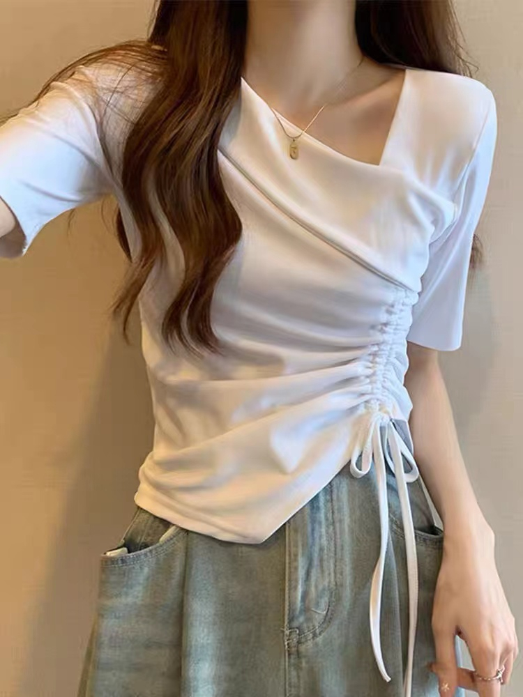 Large size women's irregular shirring top summer new v-neck slim fit short-sleeved T-shirt tide
