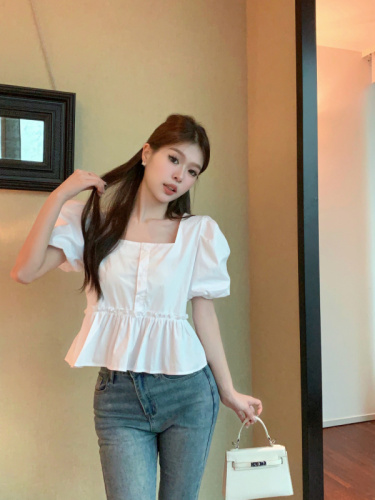 Real shot real price summer French square collar short-sleeved shirt new design puff sleeve chic shirt top
