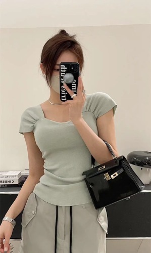 Summer design sense niche square collar open back thin belt chest pad pure color casual knitted camisole female