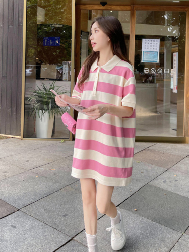 Pink striped polo dress summer female 2023 new Korean style casual loose small knitted skirt