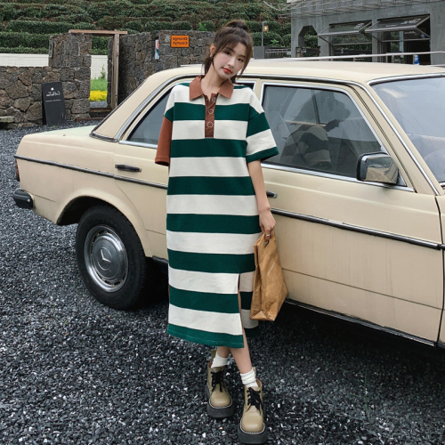  summer new striped polo collar dress women's French retro loose short-sleeved mid-length T-shirt skirt