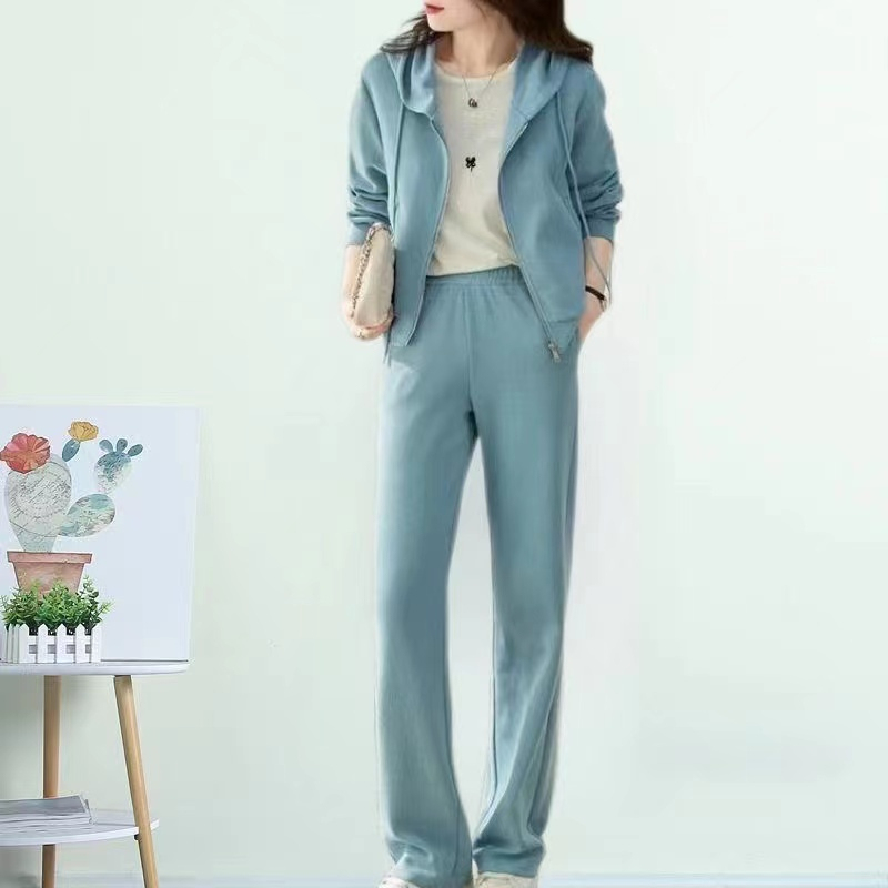 2023 European Sportswear Set Women's Light Luxury Fashion Crowd Solid Color Hooded Zipper Sweater Two Piece Set