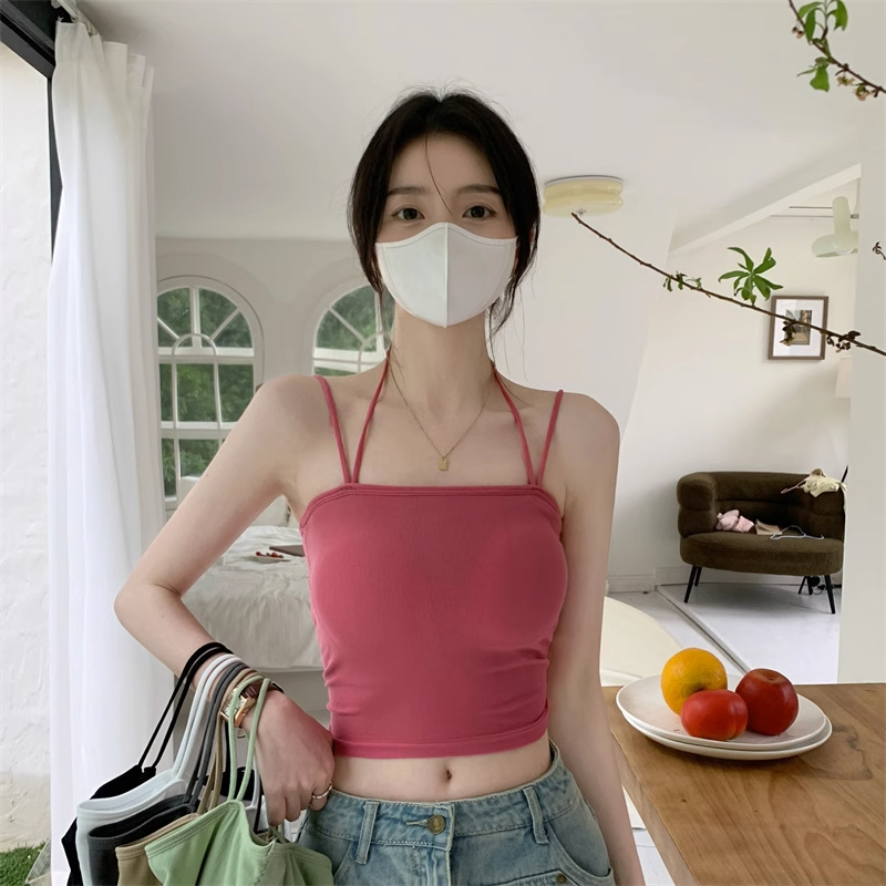Pure color sexy slim rope camisole female summer hot girl short section navel bottoming top