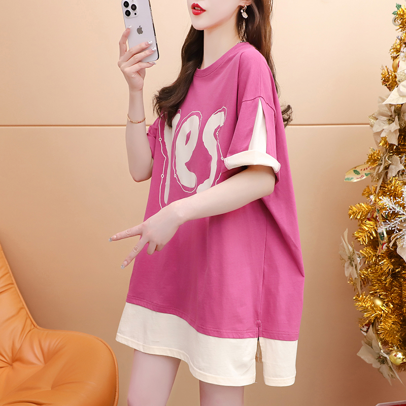 Cotton back pack collar extra large size 300 catties mid-length print color matching short-sleeved fake two-piece t-shirt women