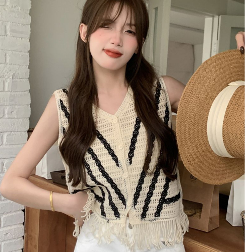 New chic chic unique v-neck fringe striped sleeveless knitwear women's summer thin section hollow out thin cardigan