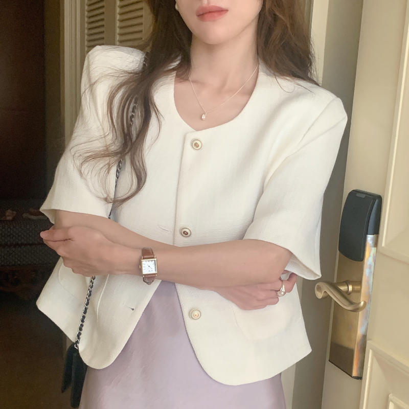 Real price, pink and pink are cute~ Small retro tweed woven short coat short-sleeved suit jacket