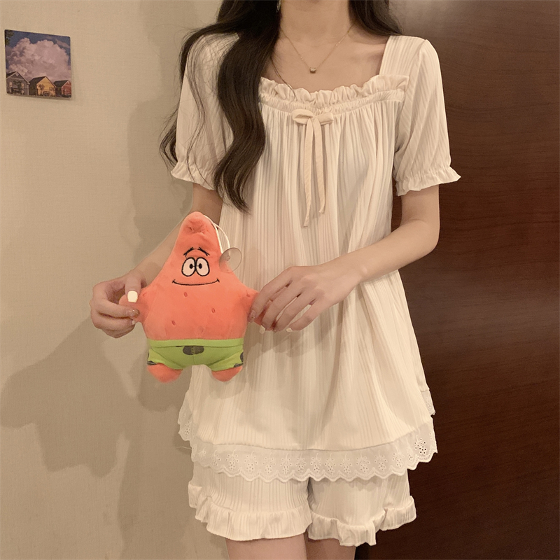 Real shot at real price~Summer new pajamas women's one-word collar sweet and cute short-sleeved solid-color girl home service suit