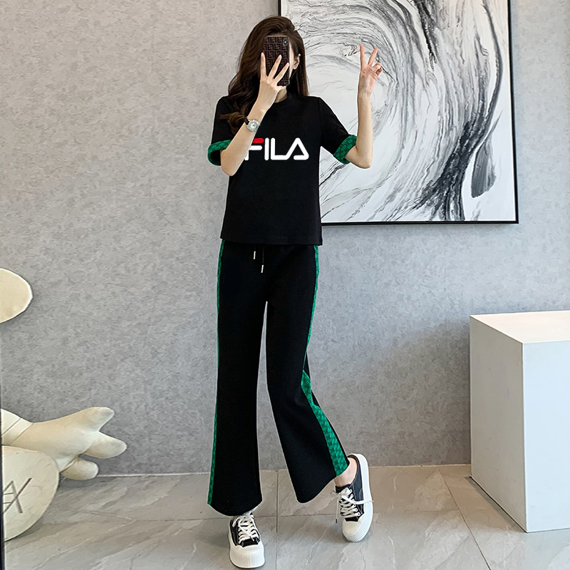 Trousers short-sleeved suit fashion women's summer foreign style age-reducing temperament casual sports wide-leg pants two-piece set