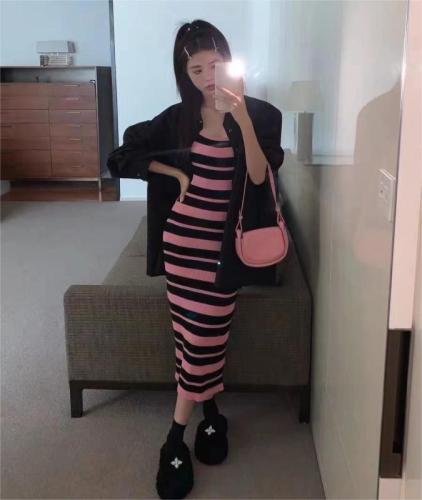 Sweet and cool striped knitted suspender dress women's autumn and winter  new sexy slim mid-length hip skirt