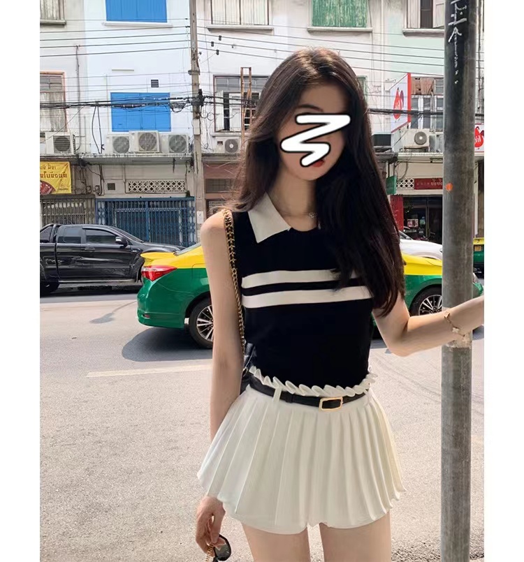 Black striped polo collar sleeveless knitted vest T-shirt women's summer 2023 new small college wind jacket