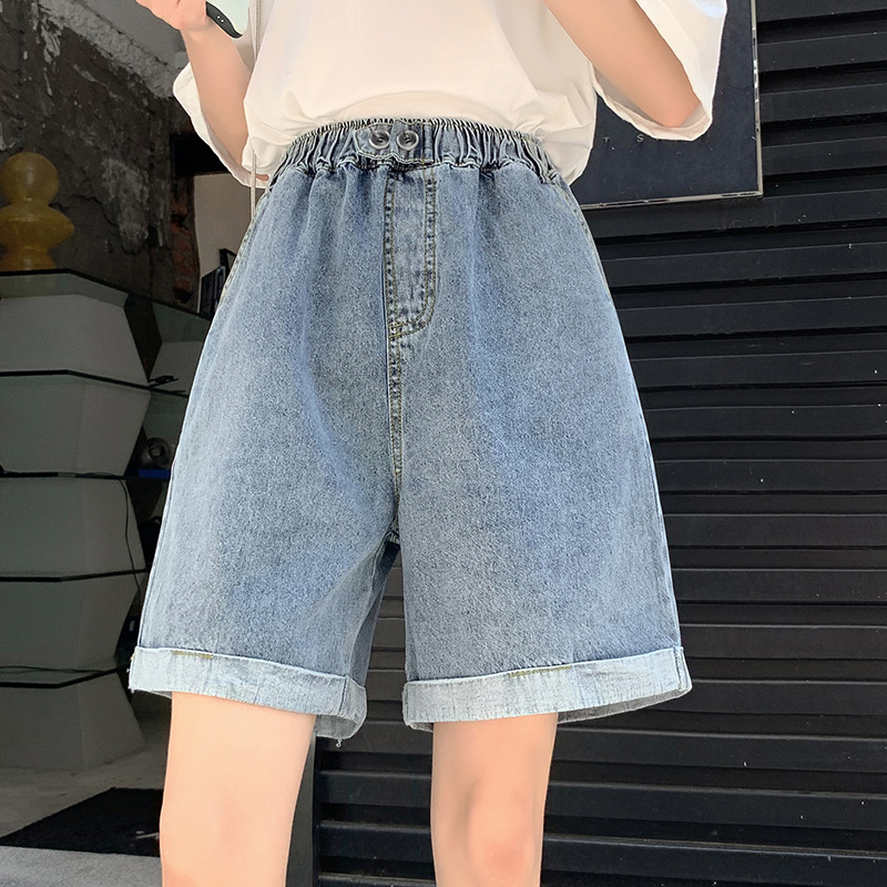 Real shot large size loose five-point pants slim high waist jeans pants wide leg pants wash water rolled edge jeans women