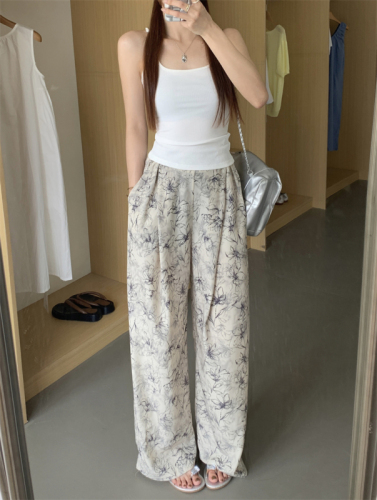 Real shot real price new Chinese style retro ink painting high waist all-match wide-leg straight-leg pants