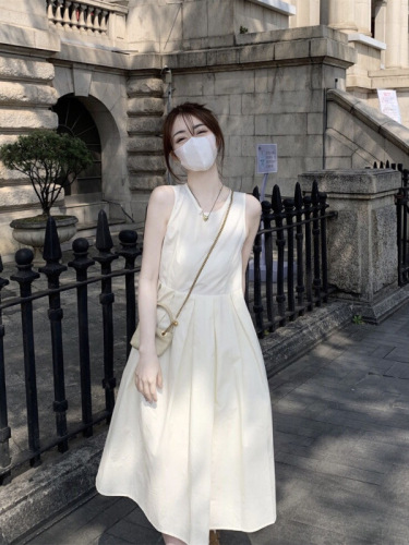 Zip-down: white sleeveless suspender skirt summer new women's high-quality French platycodon sundress