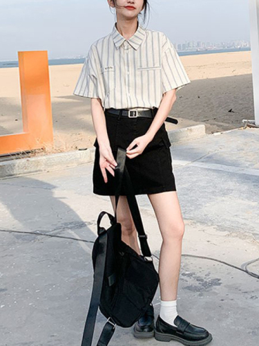 Loyal dog Xiaoba pear-shaped self-made coastline striped slim straight short-sleeved shirt loose 2023 spring and summer girls