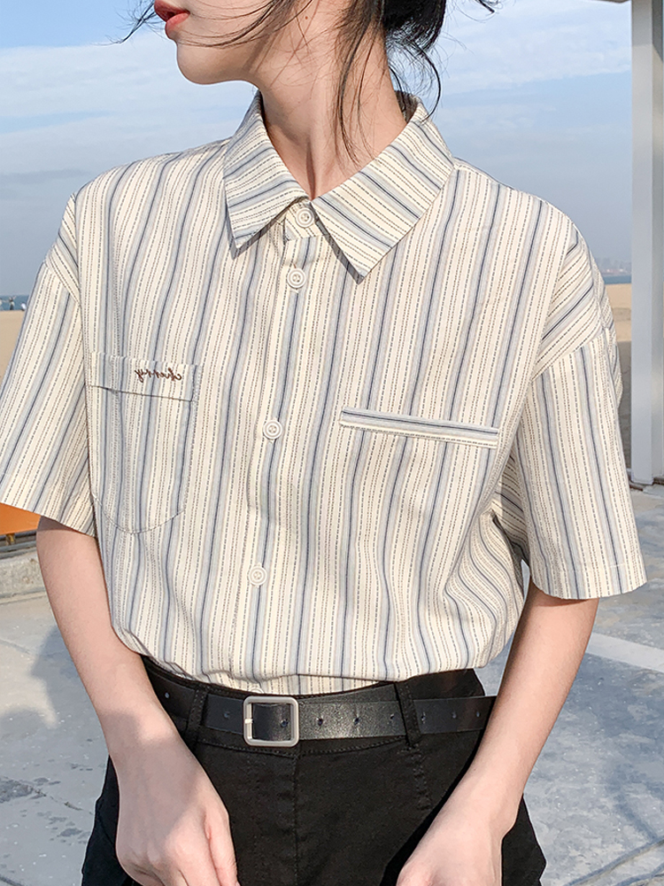 Loyal dog Xiaoba pear-shaped self-made coastline striped slim straight short-sleeved shirt loose 2023 spring and summer girls