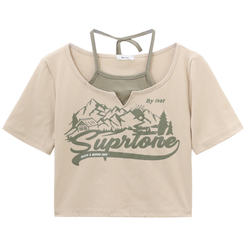 Design sense fake two-piece hanging neck short-sleeved T-shirt 6535 cotton women's summer color contrast printing slim short top tide
