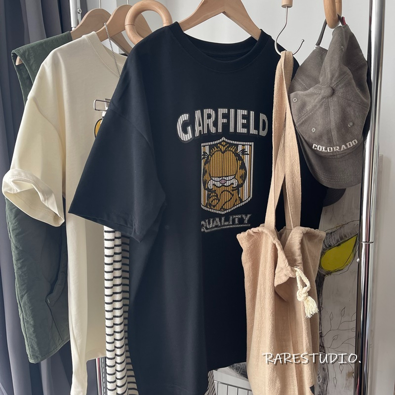 Pure cotton fat MM300 catty plus size women's clothing Garfield letters cartoon printing western style short-sleeved T-shirt