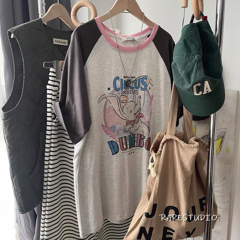Official picture real price extra large size 300 catties cartoon color contrast short-sleeved t-shirt women's summer loose top tide