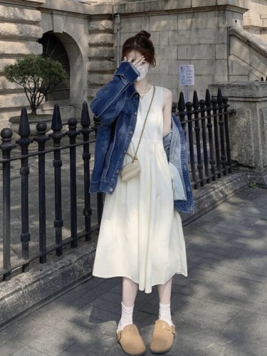 Zip-down: white sleeveless suspender skirt summer new women's high-quality French platycodon sundress