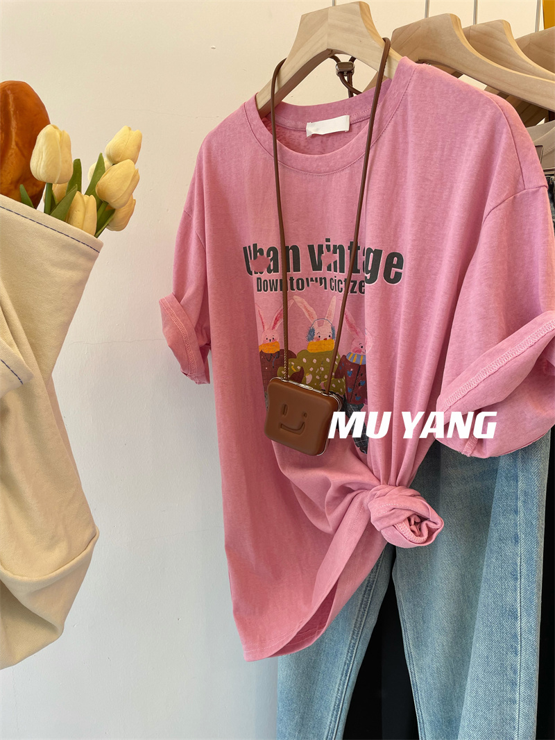 Pure cotton fat MM300 catties large size women's clothing rabbit short-sleeved T-shirt female Korean alphabet cartoon top