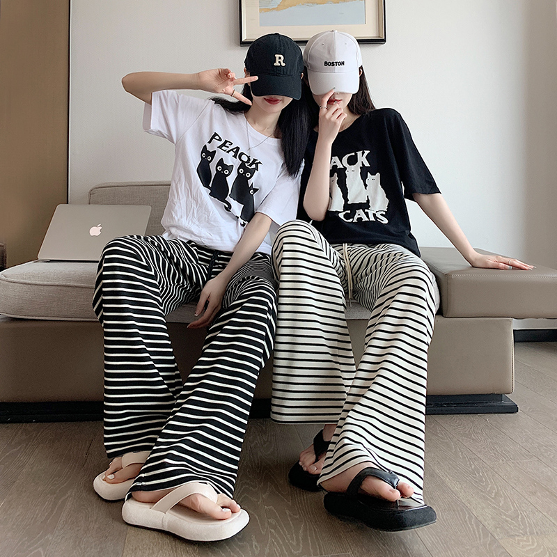 Raw cotton pocket black and white striped wide-leg pants women's high waist spring and summer new slim straight narrow version casual pants