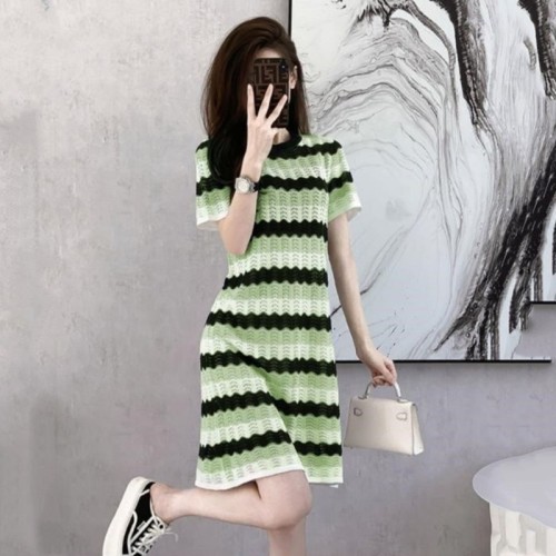 Summer new ice silk knit skirt French niche design striped temperament short skirt slim casual dress
