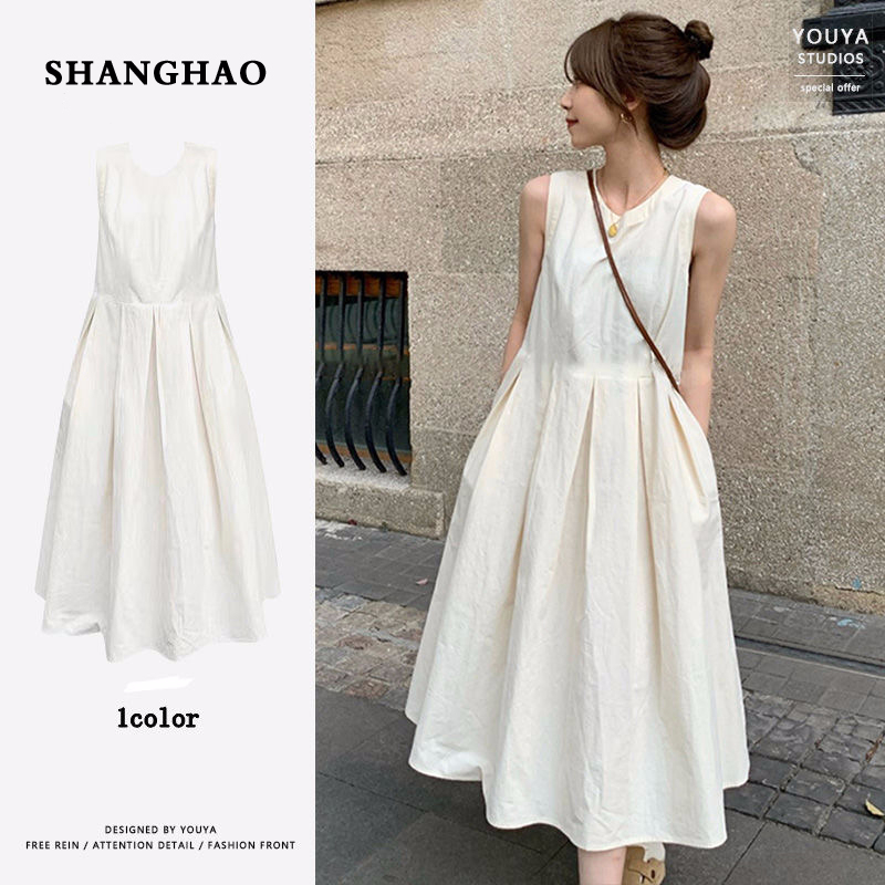 Zip-down Korean new women's clothing tea break French white sleeveless dress small person slim vest skirt
