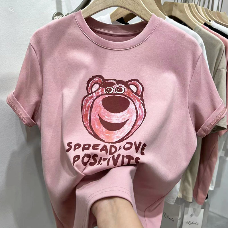 Cotton fat MM300 catties plus size women's cartoon bear print short-sleeved T-shirt casual T-shirt top