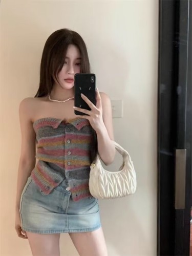 Irregular striped tube top vest women's summer top hot girl pure desire bottoming shirt sexy outerwear short section wrapped chest