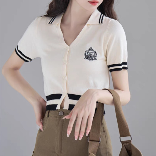 Korean retro color-inserting college polo collar short-sleeved light knitted sweater looks thin and small plaid cardigan