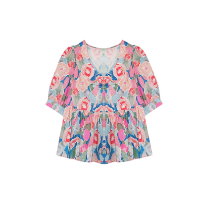 Summer new women's short-sleeved shirt French unique high-end short floral top design sense niche