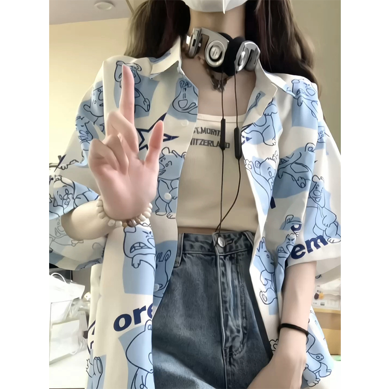 Official picture weft bomb summer printed short-sleeved shirt t-shirt female design sense shirt Japanese half-sleeved top
