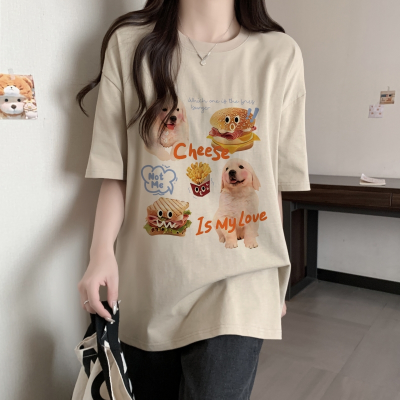 Real shot of summer dropped shoulders loose version 200g combed cotton back edged short-sleeved T-shirt print