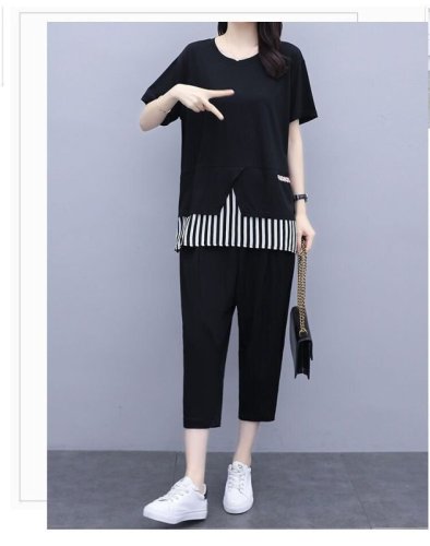 Summer new large size women's clothing fat MM200 catties splicing striped top loose and thin nine-point pants two-piece set for women