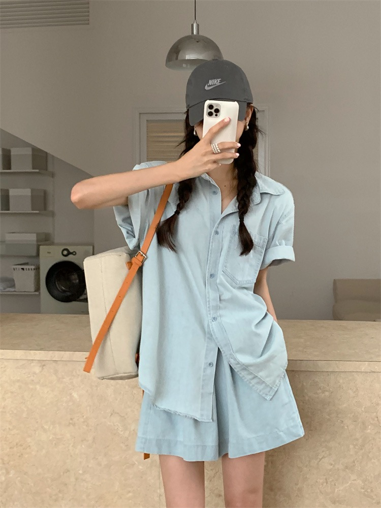 Korean version of loose washed denim short-sleeved thin shirt top women's summer casual all-match denim sports shorts suit