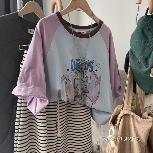 Official picture real price extra large size 300 catties cartoon color contrast short-sleeved t-shirt women's summer loose top tide