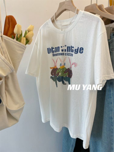 Pure cotton fat MM300 catties large size women's clothing rabbit short-sleeved T-shirt female Korean alphabet cartoon top