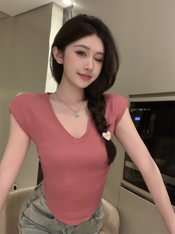 Real price summer high-end spicy girl V-neck slim fitting short solid color top