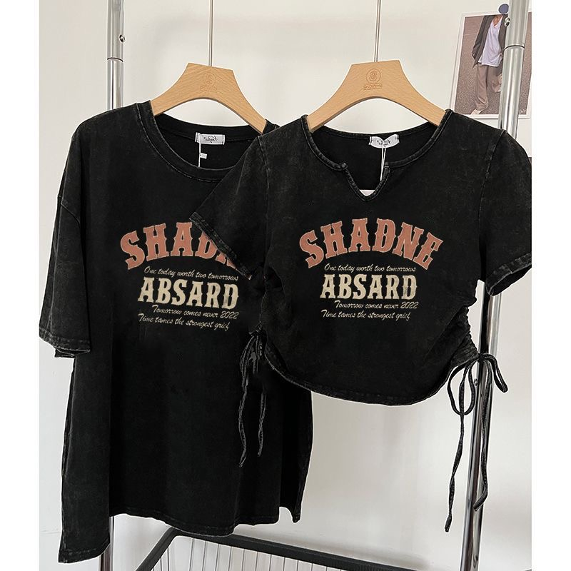 230g cotton wash retro wash old short-sleeved t-shirt drawstring short hot girl top