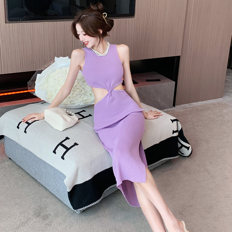 Pure desire style sweet and spicy purple knitted dress with empty strands Yujie light cooked waist bag hip skirt sexy mid-length summer girl